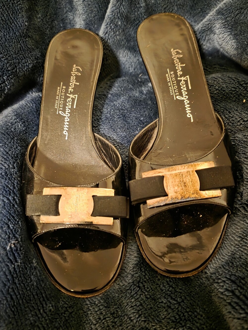 Salvatore Ferragamo Black Patent Leather Bow Slide Sandals with Gold Accent